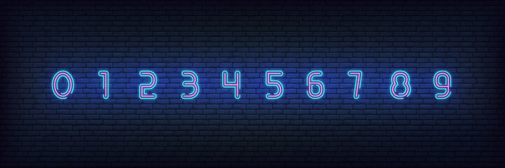 Neon numbers typeface. Glowing neon colored 3d modern numbers characters.