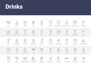50 drinks set icons such as cuba libre, energy drink, fish skeleton, frappuccino, fresh soda with lemon slice and straw, fruit juice, herbal liquor, ice bucket and bottle, ice tea. simple modern