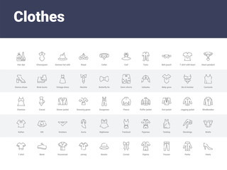50 clothes set icons such as heels, parka, trouser, pijama, corset, bowler, jersey, housecoat, beret. simple modern vector icons can be use for web mobile