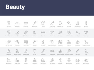 50 beauty set icons such as stone massage, spa tools, aromatherapy, hair styler, hair clip tool, baby powder, hot spring, shaving, candle flower. simple modern vector icons can be use for web mobile
