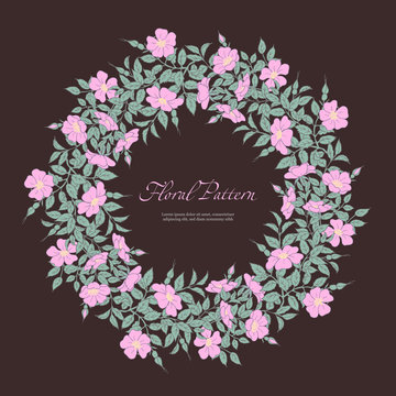 Abstract template floral round pattern hand drawing on dark. Garlands flower dog rose and branch. Romantic frame greeting card for invitation, wedding, birthday isolated. Vector illustration