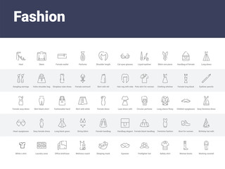 50 fashion set icons such as working coverall, woman boots, safety shirt, firefighter hat, eyewear, sleeping mask, wellness coach, office briefcase, laundry zone. simple modern vector icons can be