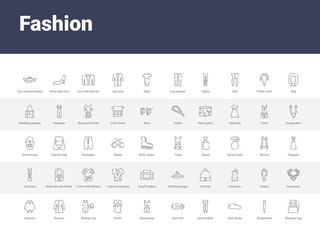 50 fashion set icons such as shoulder bag, stripped tie, gym shoes, gym clothes, gym belt, sportswear, outfit, boxing ring, kimono. simple modern vector icons can be use for web mobile