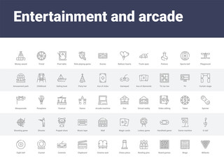50 entertainment and arcade set icons such as billiards, bingo, board games, bowling pins, chess piece, cinema seat, clapboard, controls, crystal. simple modern vector icons can be use for web