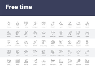 50 free time set icons such as gardening, table tennis, fish tank, roller, table football, camping, origami, disco ball, sudoku. simple modern vector icons can be use for web mobile