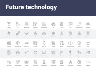 50 future technology set icons such as ar glasses, vr glasses, smart house, hologram, stethoscope, egg incubator, dna structure, eye scan, panoramic view. simple modern vector icons can be use for