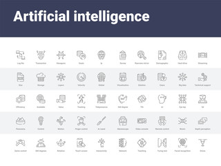 50 artificial intelligence set icons such as drone, facial recognition, turing test, teaching, network, interactivity, touch screen, rotation, 360 degrees. simple modern vector icons can be use for