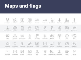 50 maps and flags set icons such as plain flag, taxi stop, electrocution risk, rock landslide safety, spacing, mark, reading zone, no toileting, left intersection. simple modern vector icons can be