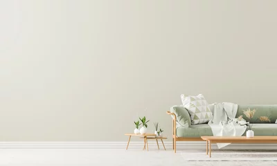 Cercles muraux Mur Intérieur de style scandinave avec canapé et table basse. Maquette de mur vide dans un intérieur minimaliste aux couleurs pastel. illustration 3D.