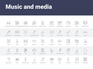 50 music and media set icons such as dotted barline, eighth note, treble clef, brace, bass clef, sixteenth note, quarter note, quarter rest, quaver. simple modern vector icons can be use for web