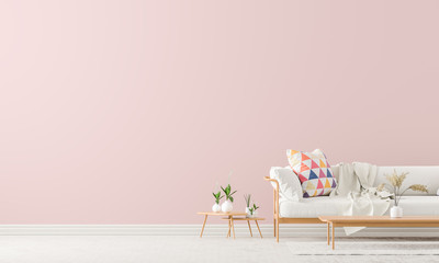Scandinavian style interior with sofa and coffe table. Empty wall mock up in minimalist interior with pastel colors. 3D illustration. - obrazy, fototapety, plakaty