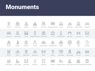 50 monuments set icons such as notre dame cathedral, shrine of remembrance, castle of the holy angel in rome, al shaheed monument, abu simbel, ejer baunehoj, moia statues, id kah mosque, tower of