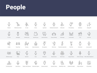 50 people set icons such as girl and boy, public fountain, children on teeter totter, wheelchair side view, carnival masks, woman portrait, policeman figure, worker with harness, seat belt on.