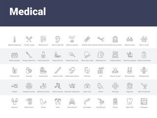 50 medical set icons such as cardiogram, molar tooth, pills jar, acid falling on hand, eye dropper, skull and bone, dead, strong, breath control. simple modern vector icons can be use for web mobile