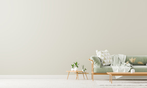 Scandinavian style interior with sofa and coffe table. Empty wall mock up in minimalist interior with pastel colors. 3D illustration.