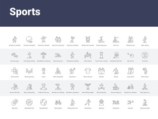 50 sports set icons such as sprained ankle, squash, waterpolo, bullseye, stretching, skiing down hill, racing bike, baseball ball, basketball ball with line. simple modern vector icons can be use