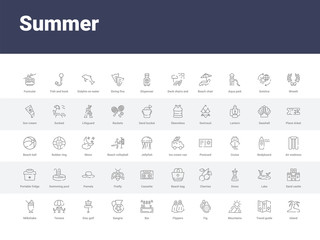 Fototapeta na wymiar 50 summer set icons such as island, travel guide, mountains, fig, flippers, bar, sangria, disc golf, terrace. simple modern vector icons can be use for web mobile