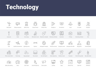 50 technology set icons such as attributes, back end, bounce rate, bugs, caching, call to action, click through rate, color value, old tv. simple modern vector icons can be use for web mobile