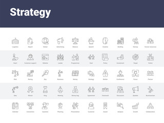 Fototapeta na wymiar 50 strategy set icons such as collaboration, growth, analysis, award, customer, presentation, planning, question, connection. simple modern vector icons can be use for web mobile