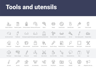 50 tools and utensils set icons such as megaphone side view, bold, highlight, edit picture, recycling bin, cross wrench, air conditioning, reparation, key ring. simple modern vector icons can be use