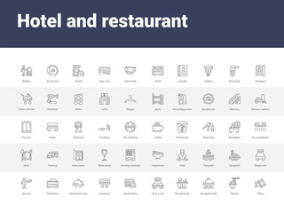 Fototapeta na wymiar 50 hotel and restaurant set icons such as pillow, ramen, reception bell, receptionist, rent a car, reservation, reserved, restaurant tray, sandwich. simple modern vector icons can be use for web