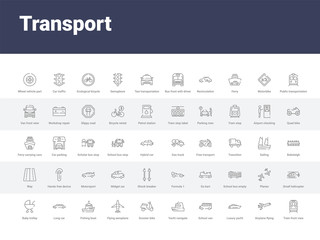 50 transport set icons such as train front view, airplane flying, luxury yacht, school van, yacht navigate, scooter bike, flying aeroplane top view, fishing boat, long car. simple modern vector