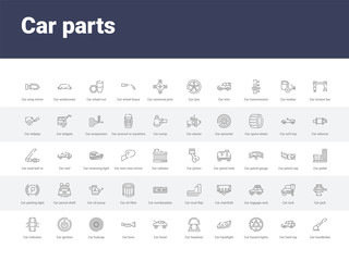 50 car parts set icons such as car handbrake, car hard top, hazard lights, headlight, headrest, hood, horn, hubcap, ignition. simple modern vector icons can be use for web mobile