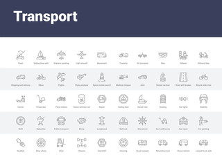 Fototapeta na wymiar 50 transport set icons such as loaded truck side view, heavy vehicle, recycling truck, road sweeper, steering, gearshift, chassis, lifter, alloy wheel. simple modern vector icons can be use for web