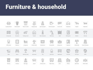 50 furniture & household set icons such as dinner table, wall clock, pillows, floor, night stand, cuckoo clock, couch, bird cage, curtains. simple modern vector icons can be use for web mobile