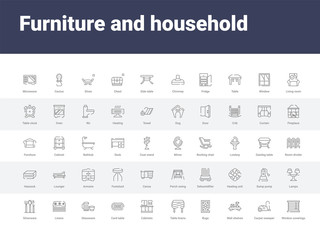 50 furniture and household set icons such as window coverings, carpet sweeper, wall shelves, rugs, table linens, cabinets, card table, glassware, linens. simple modern vector icons can be use for