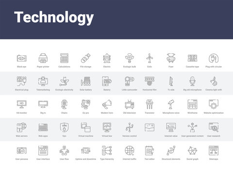 50 technology set icons such as sitemaps, social graph, structural elements, text editor, internet traffic, type hierarchy, uptime and downtime, user flow, user interface. simple modern vector icons
