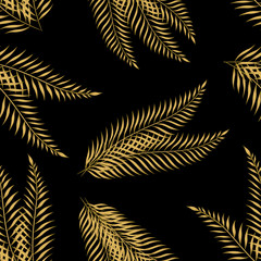 Gold palm leaves seamless pattern. Gold leaf on black background. Vector illustration background. For print, textile, web, home decor, fashion, surface, graphic design
