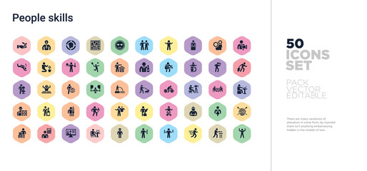 50 people skills vector icons set in a colorful hexagon buttons