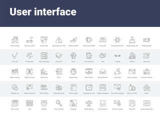 Fototapeta na wymiar 50 user interface set icons such as square stop button, blank file, unlock envelope, face detection, white balance, tungsten, glass material, magnet, lace. simple modern vector icons can be use for
