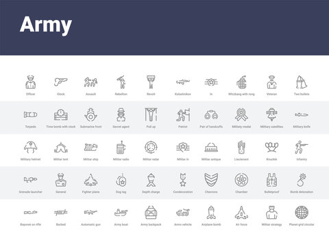 50 army set icons such as planet grid circular, militar strategy, air force, airplane bomb, armo vehicle, army backpack, army boat, automatic gun, barbed. simple modern vector icons can be use for