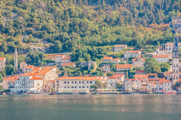 View of the ancient city of Perast in the Bay of Kotor, Montenegro. Perast, a traditional Balkan mountain landscape.