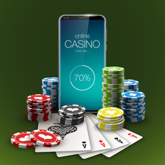 illustration Online Poker casino banner with a mobile phone, chips, playing cards and dice. Marketing Luxury Banner Jackpot Online Casino with New model Smartphone. Empty advertising poster.