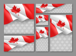 Fotobehang Canadian patriotic festival banners set. Realistic waving canada flag on grey background. Independence, democracy and freedom vector illustration. Canada republic day concept with space for text © Sunflower