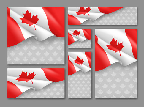 Canadian patriotic festival banners set. Realistic waving canada flag on grey background. Independence, democracy and freedom vector illustration. Canada republic day concept with space for text