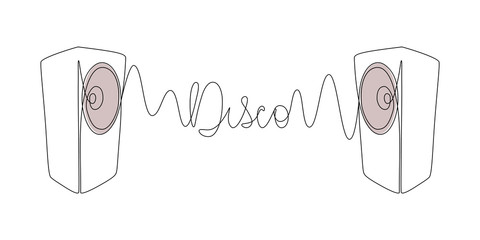Sound wave between two music speakers in one line art drawing style. Disco party vector illustration