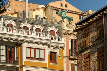 Madrid, Spain. Air accident. The sculpture of angel on the roof of the house, the sculptor Miguel...