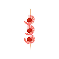 Shrimp meat with berries on a skewer. Vector illustration on white background.