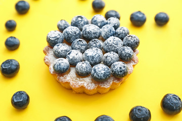 Tasty blueberry tart on color background