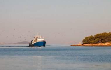 Obraz premium Fishing boat in the sea, comes back with a catch to the port