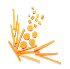 Pieces of fresh carrot on white background