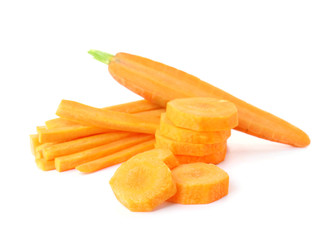 Pieces of fresh carrot on white background