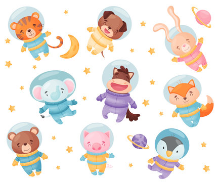Cute animals in astronaut costumes. Vector illustration on white background.