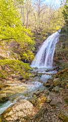 Fototapeta na wymiar View on beautiful forest waterfall over trees and stones