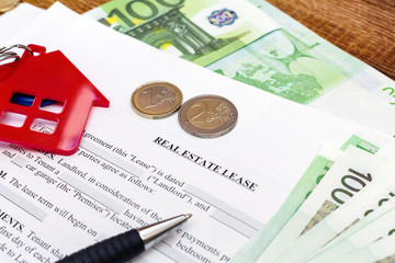 House, home, property, real estate lease rental contract agreement pen money coins keys wooden background, expenses, buying, investment, finance, savings, concept close up selective focus