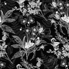 Seamless hand drawn vintage pattern with detailed flowers and herbs. Black and white graphic decoration for paper, textile, wrapping decoration, scrap-booking, t-shirt, cards.